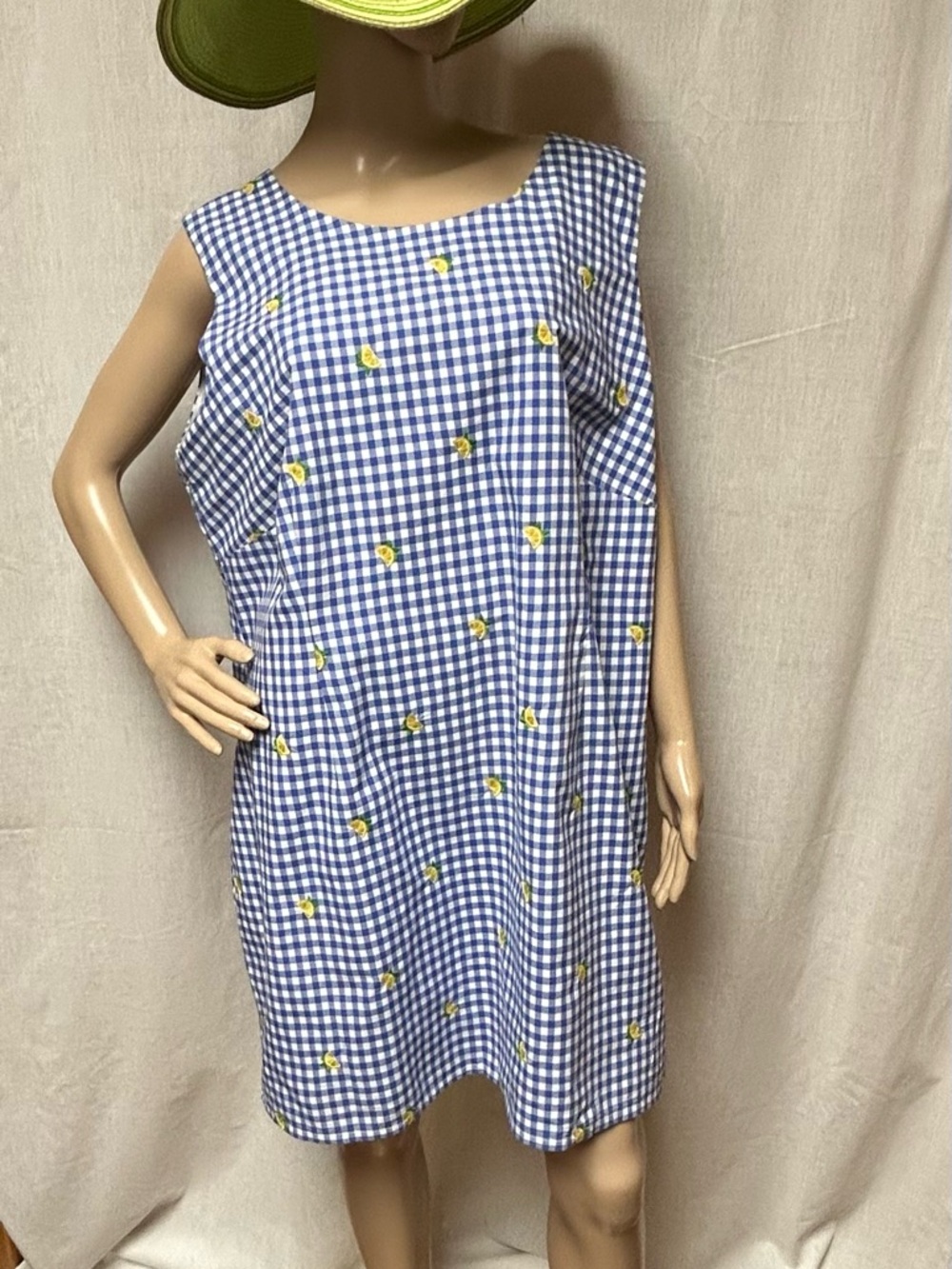 Dress 20WP lined 100% cotton 35” length 24” pit to pit flat blue gingham lemons